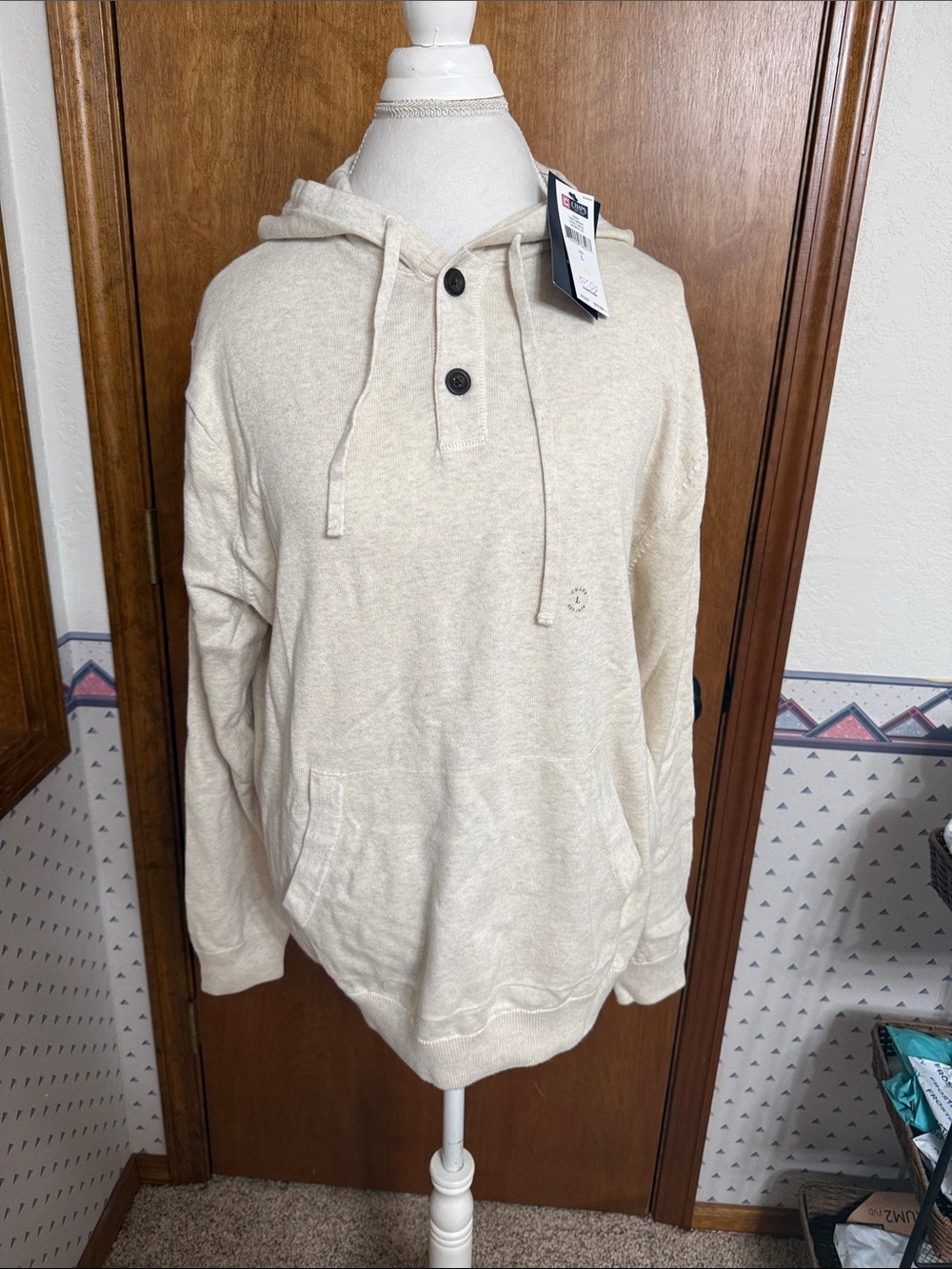 Chaps Men's Oatmeal Button up Sweater with hood and pockets.